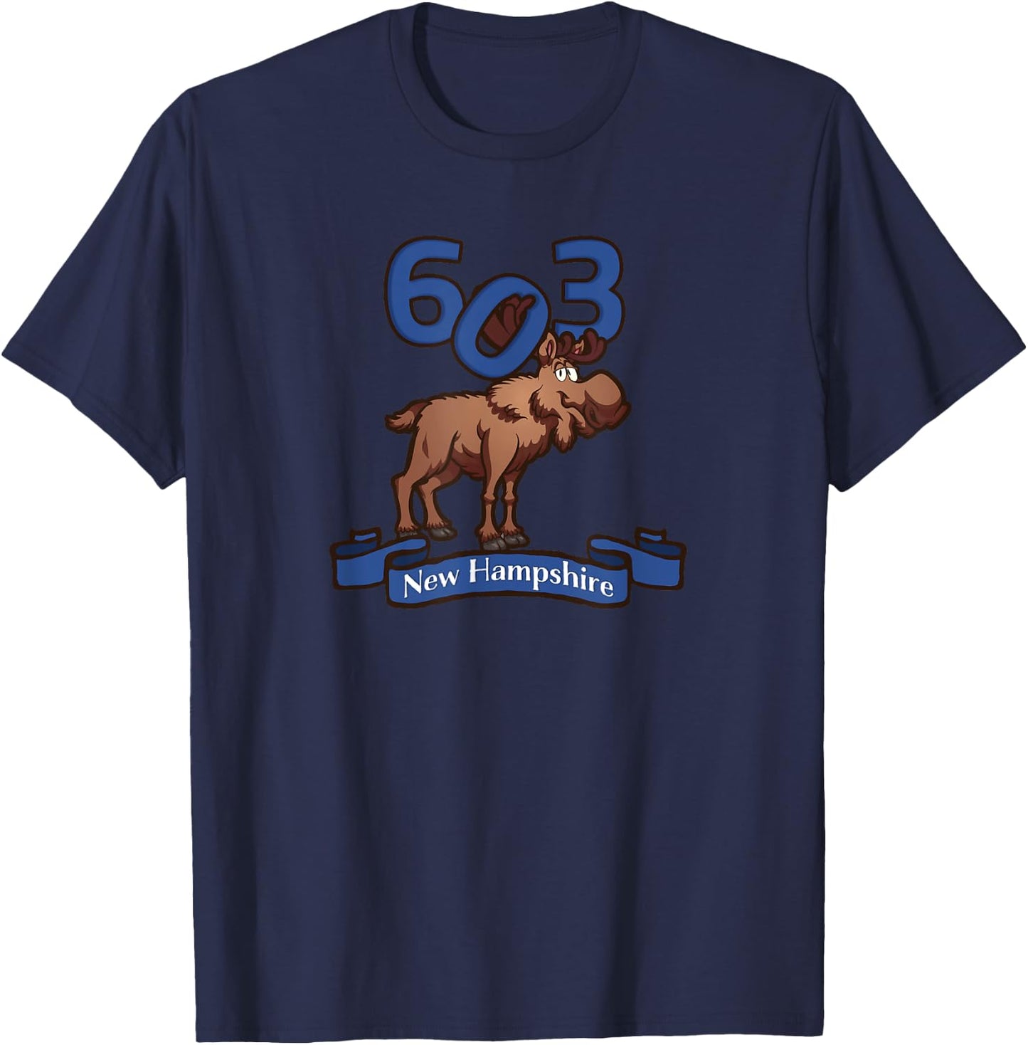 Silly Cartoon Moose New Hampshire Souvenir | 603 Vacation T-Shirt - T-Shirt | Navy
