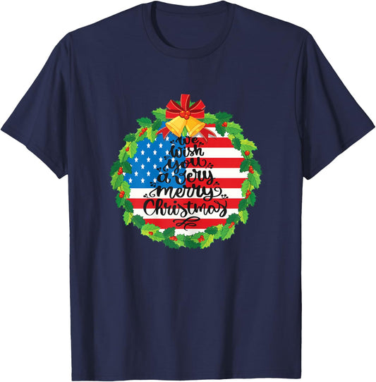 Merry Christmas Wreath Bells Funny Usa Flag Beautiful Cute T-Shirt - T-Shirt | Navy