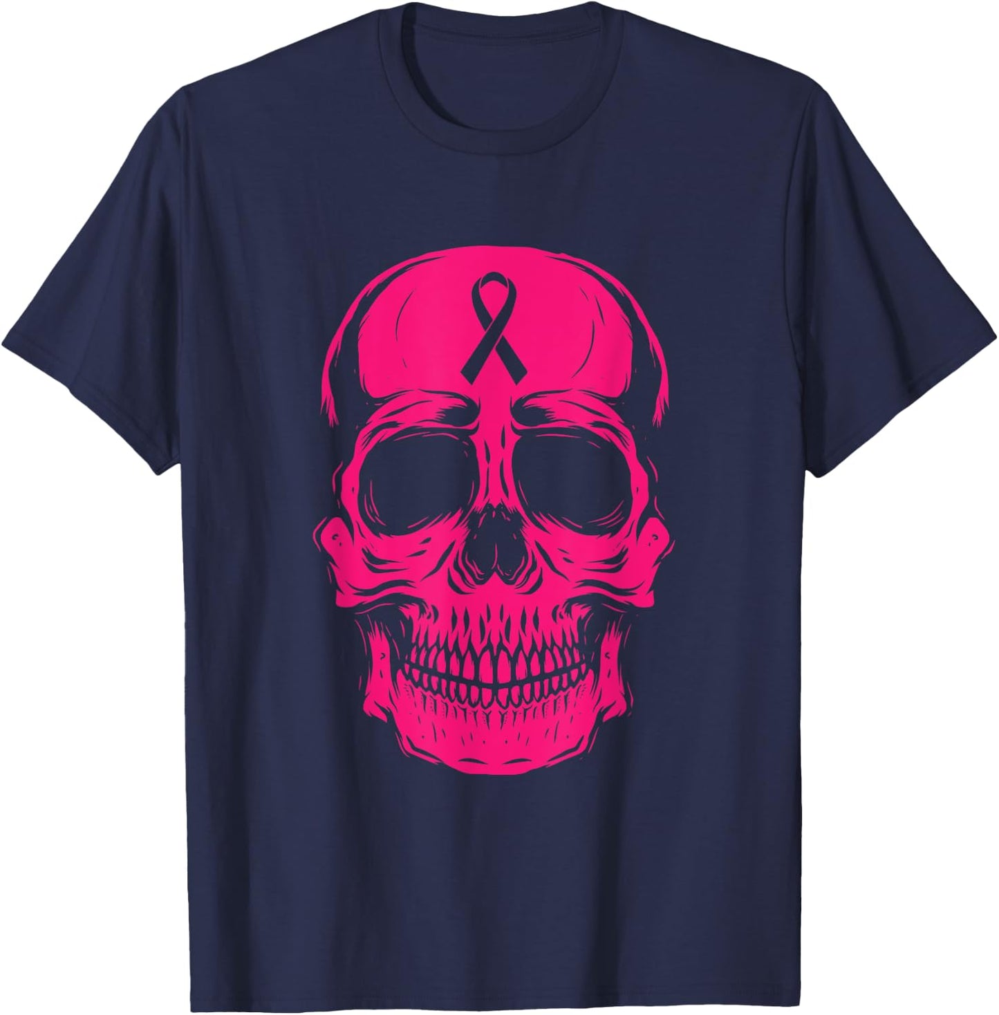 Skull Pink Ribbon Breast Cancer Awareness Skeleton Warrior T-Shirt - T-Shirt | Navy