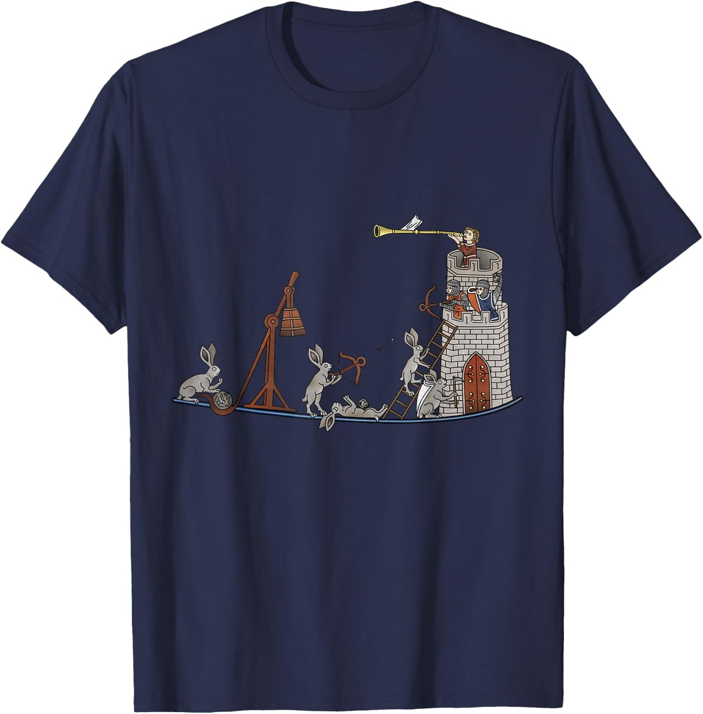 Marginalia Medieval Rabbits Siege Castle - MargiKnights T-Shirt - T-Shirt | Navy