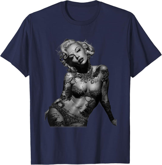Retro Pinup Sexy Tattoo Girl , black T-Shirt - T-Shirt | Navy