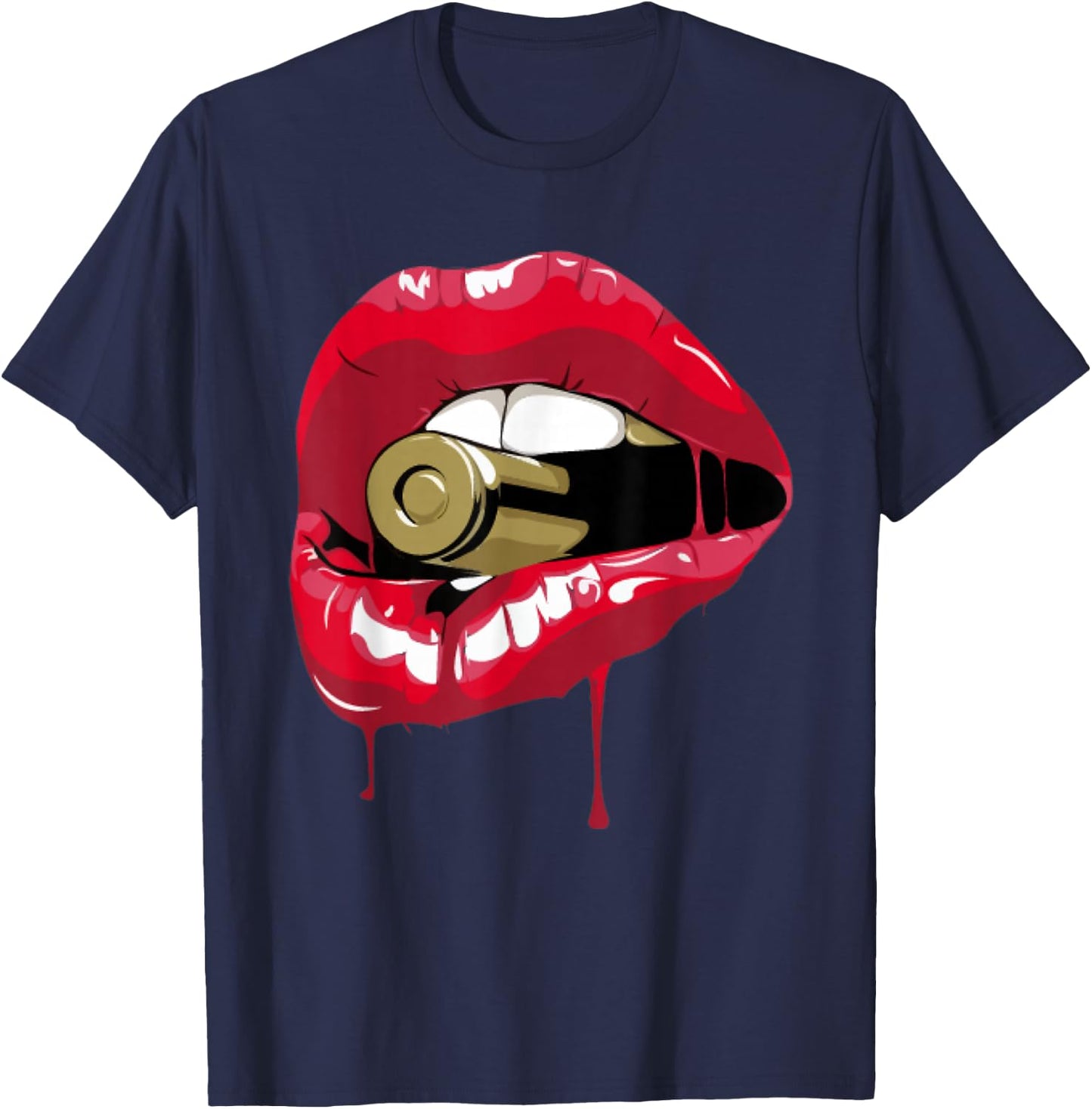 Red Lips Bullet Biting T-Shirt - T-Shirt | Navy