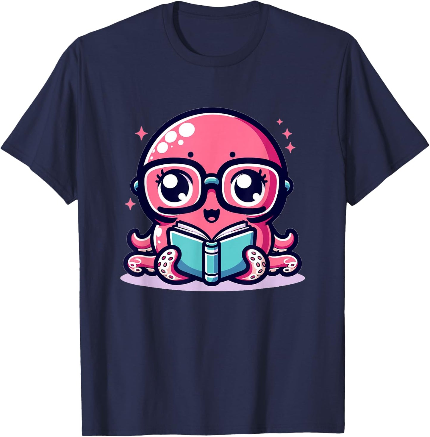 Adorable Book Lover Octopus With Reading Glasses Cute T-Shirt - T-Shirt | Navy