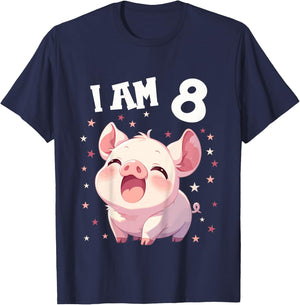 Kids 8 Years old 8 birthday Pigs Boy Girl Pig T-Shirt - T-Shirt | Navy