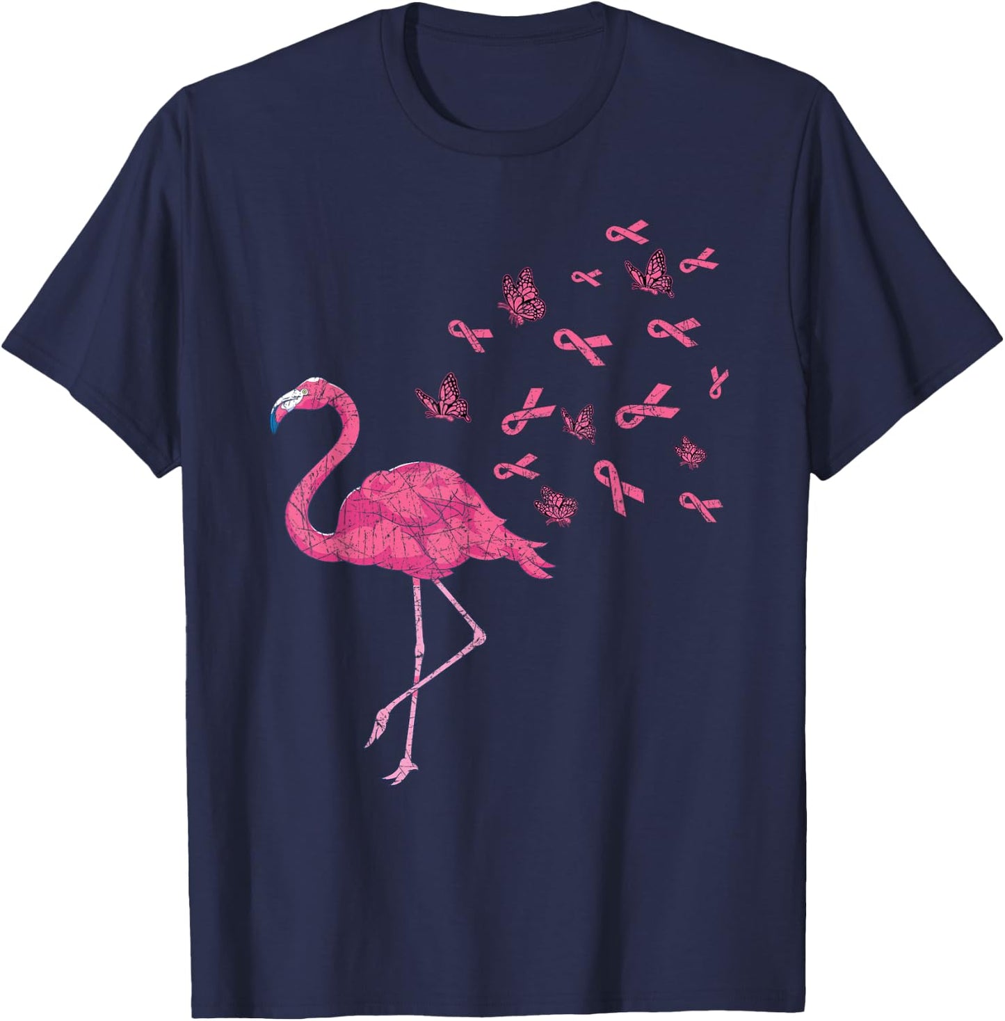Exotic Bird Flamingo Pink Ribbon Breast Cancer Awareness T-Shirt - T-Shirt | Navy