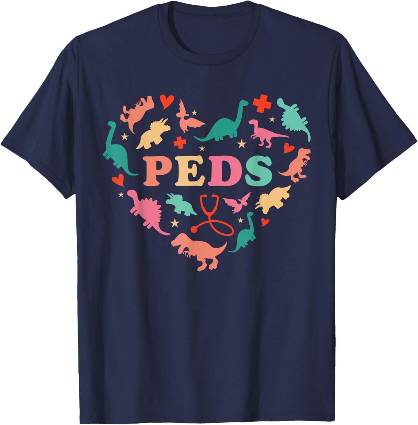 Pediatric Nurse Crew Cute Colorful Dinosaur Heart PEDS Squad T-Shirt - T-Shirt | Navy