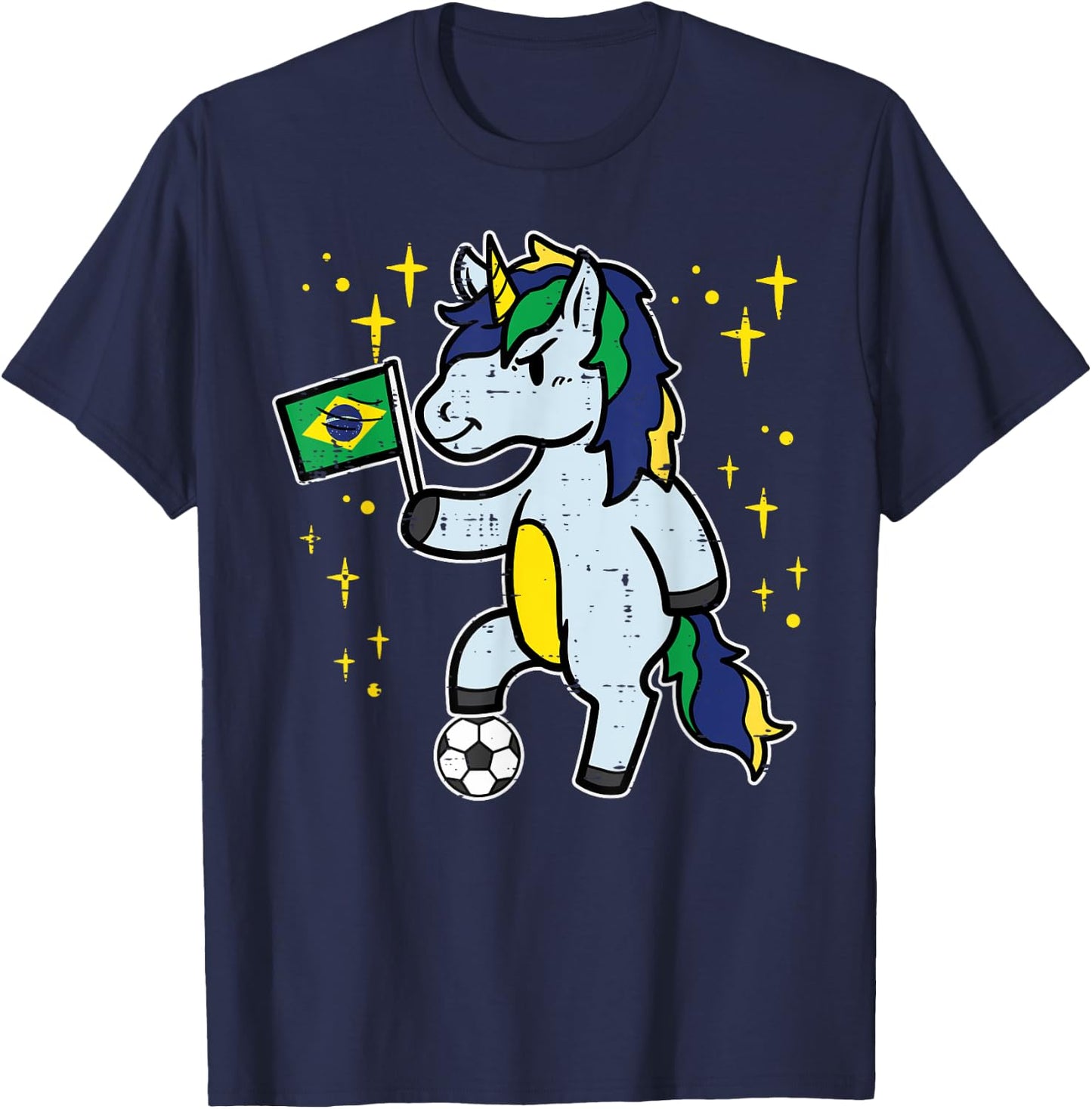 Brazil Flag Unicorn Football Soccer Fan Women Girls Kids T-Shirt - T-Shirt | Navy