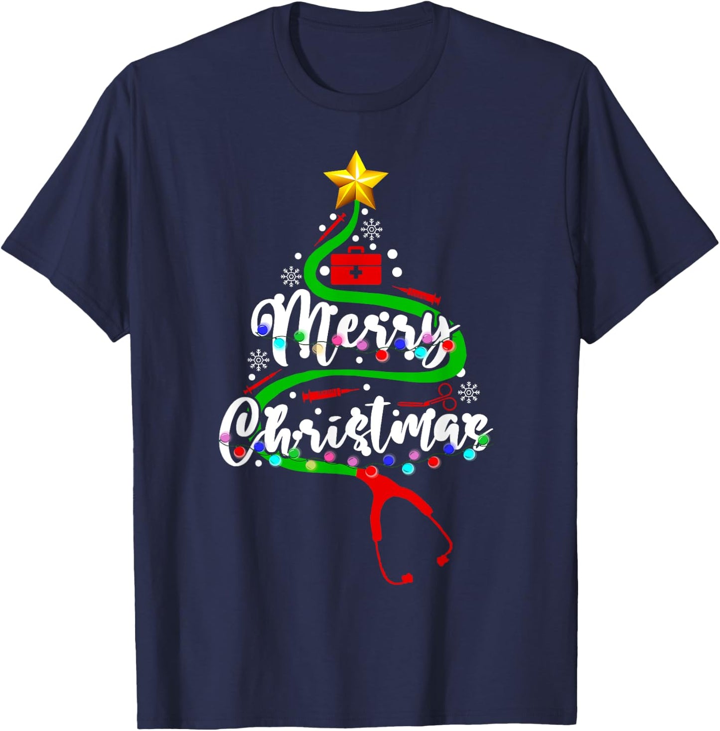 Funny Stethoscope Christmas Tree Nursing Scrub NICU RN LPN T-Shirt - T-Shirt | Navy