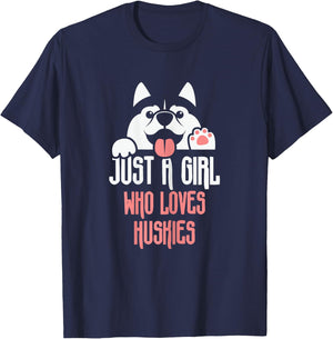 Cute Just A Girl Who Loves Huskies - Dog Lover Gift T-Shirt - T-Shirt | Navy