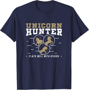 Funny Unicorn Hunter Plays Well With Others Polyamory Couple T-Shirt - T-Shirt | Navy