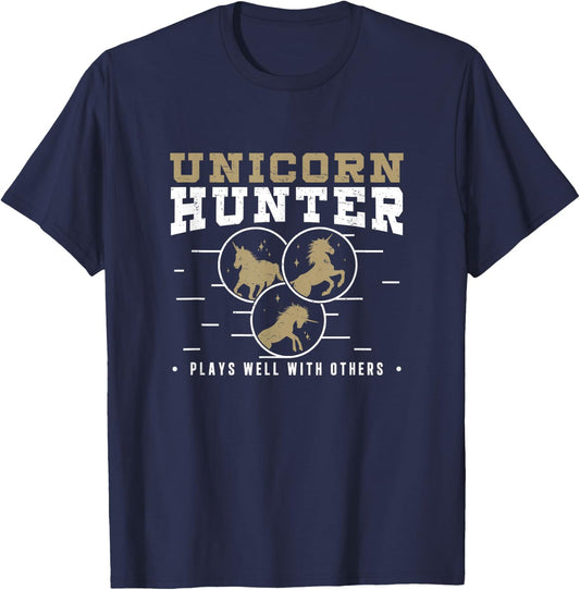 Funny Unicorn Hunter Plays Well With Others Polyamory Couple T-Shirt - T-Shirt | Navy
