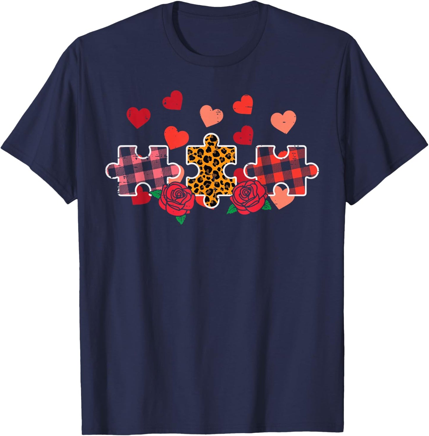 Valentines Day Leopard Plaid Autism Puzzle Women Girls Kids T-Shirt - T-Shirt | Navy