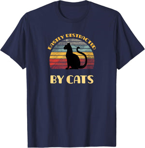 Easily distracted by cats on a distressed sunset background T-Shirt - T-Shirt | Navy