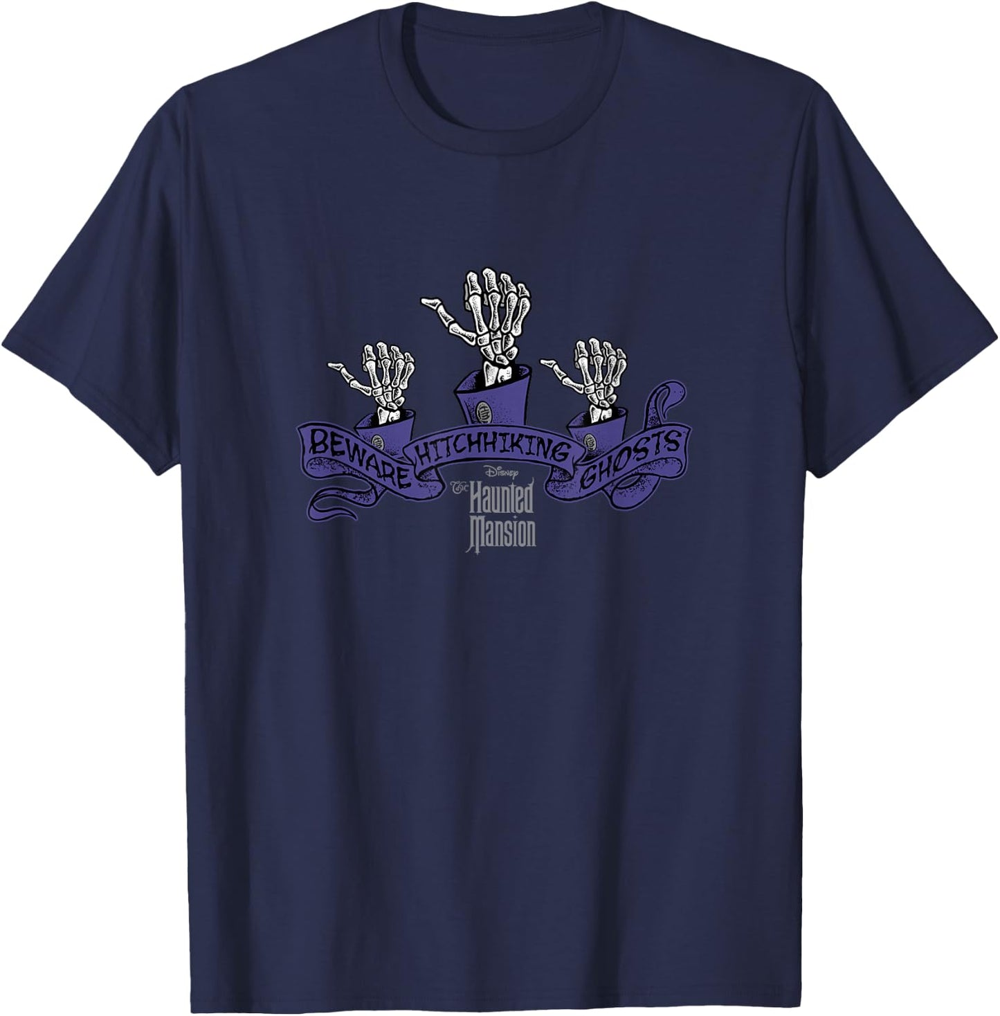 The Haunted Mansion Beware Hitchhiking Ghosts Retro Logo T-Shirt - T-Shirt | Navy