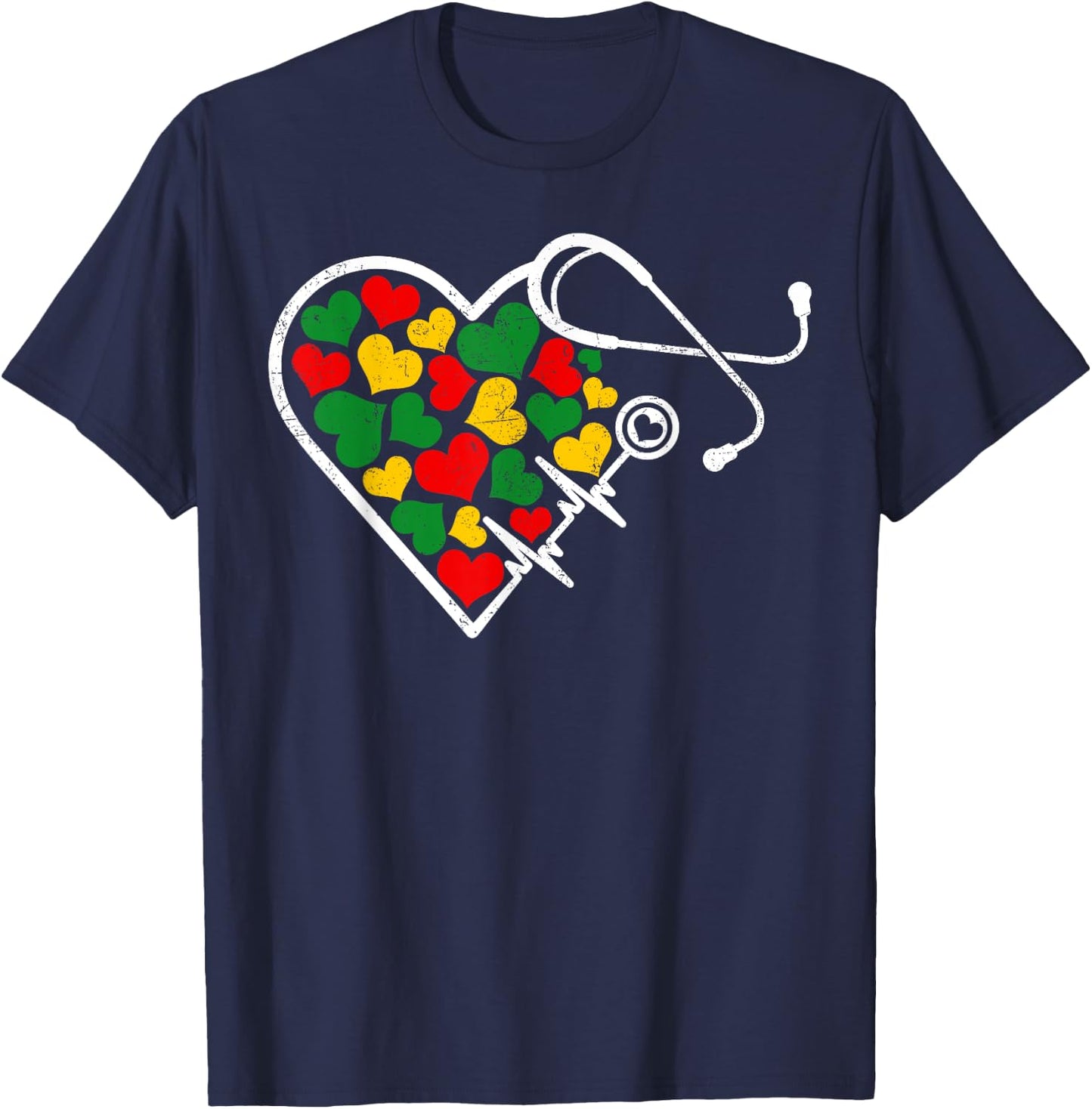 Juneteenth Nurse Stethoscope & Heartbeat Afro Women Girls T-Shirt - T-Shirt | Navy