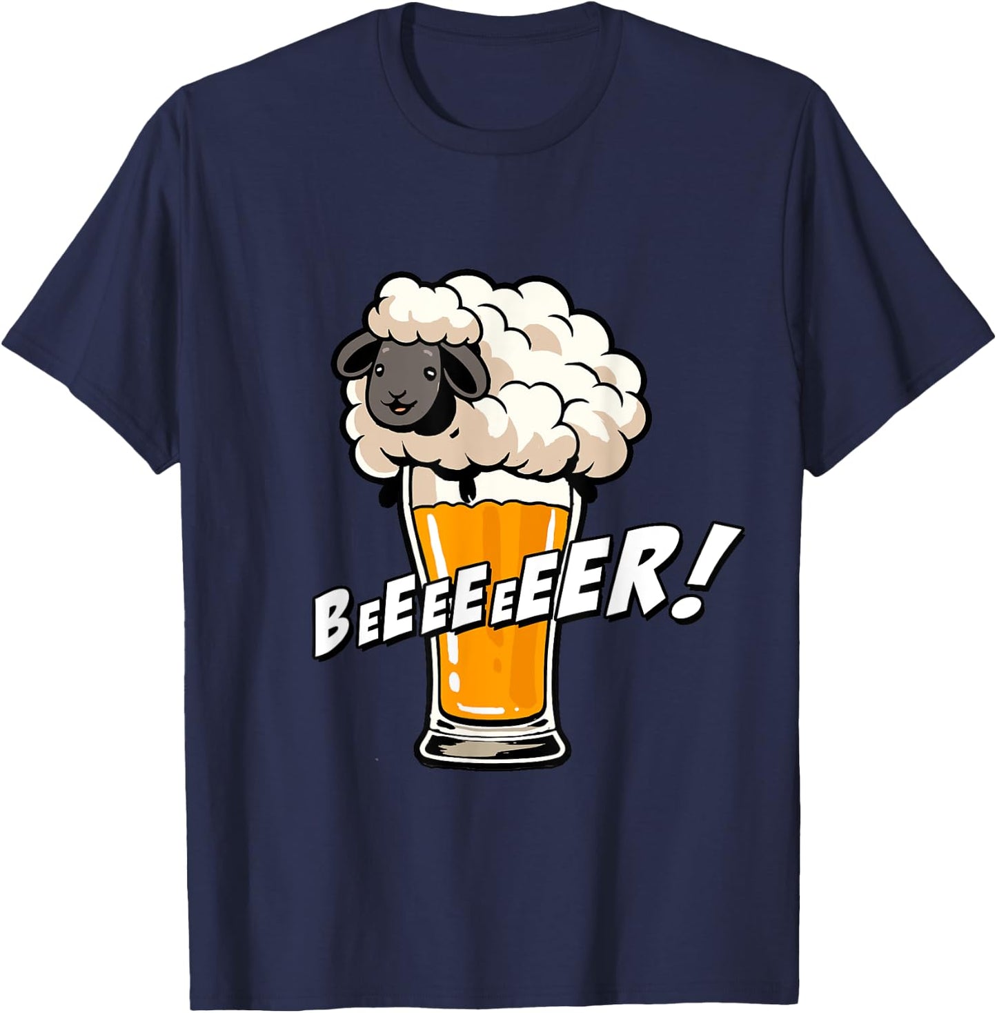 Funny Word Game Illustration Beeeer Sheep And Beer , Black, S T-Shirt - T-Shirt | Navy