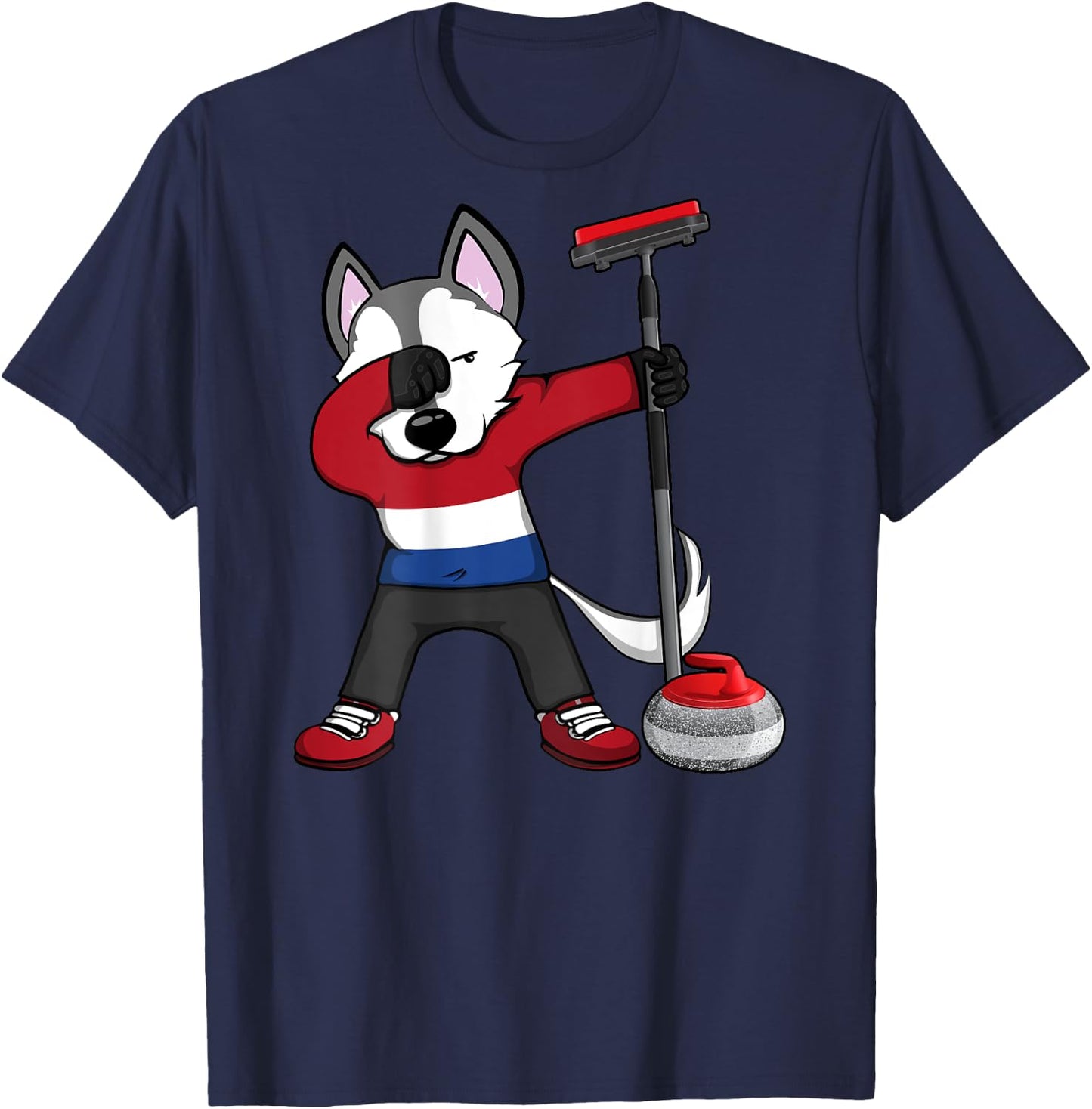 Dabbing Husky Netherlands Curling Lovers Jersey Winter Sport T-Shirt - T-Shirt | Navy
