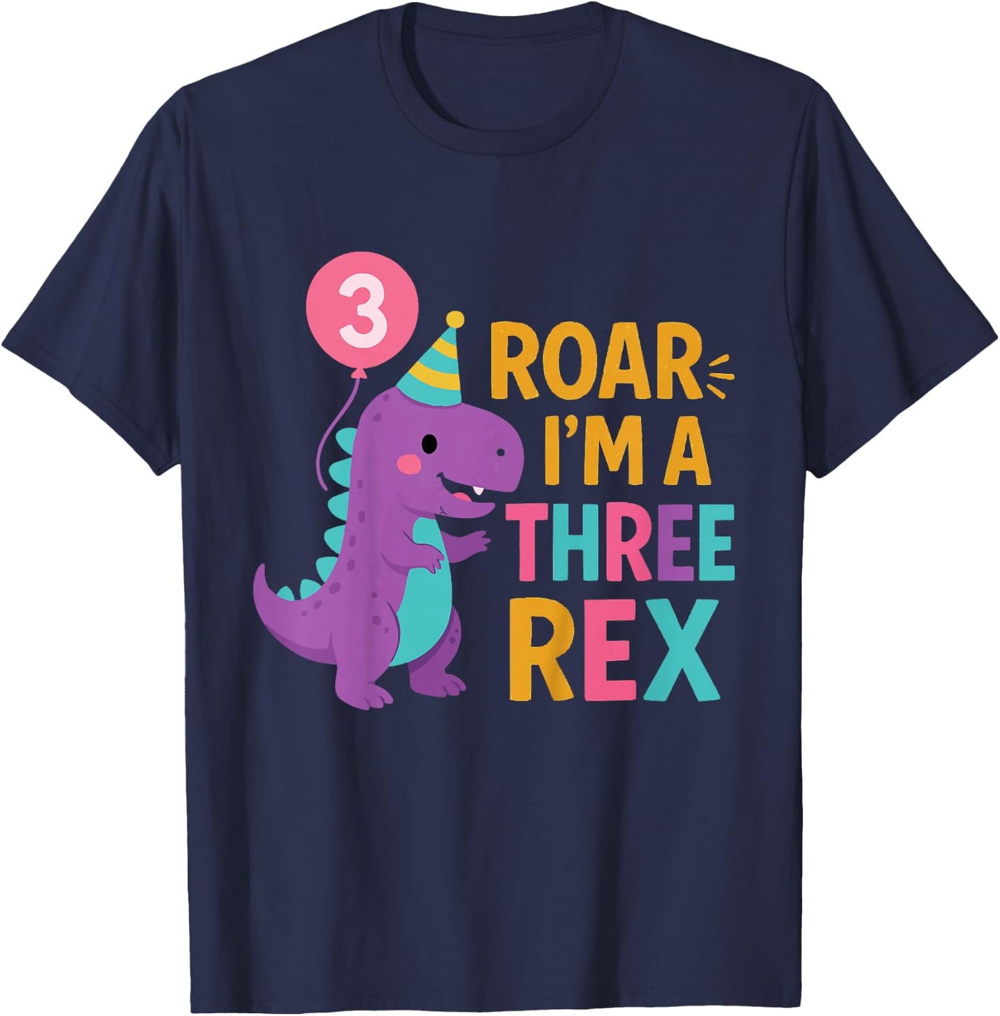 Kids 3rd Birthday Dinosaur Girl T-Rex Matching Family Party Three T-Shirt - T-Shirt | Navy