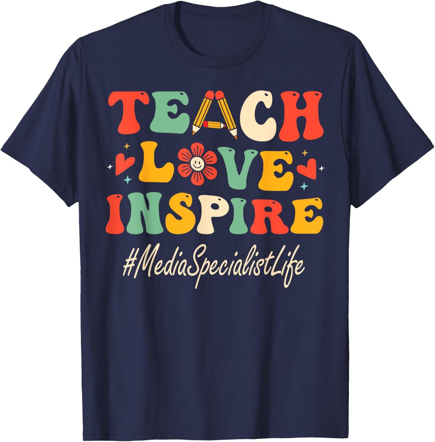 Media Specialist Teach Love Inspire Groovy Bach to School T-Shirt - T-Shirt | Navy