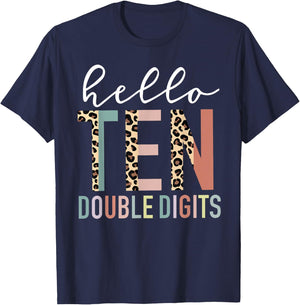 Hello Ten Double Digits Leopard Print 10 Year Old Girl T-Shirt - T-Shirt | Navy