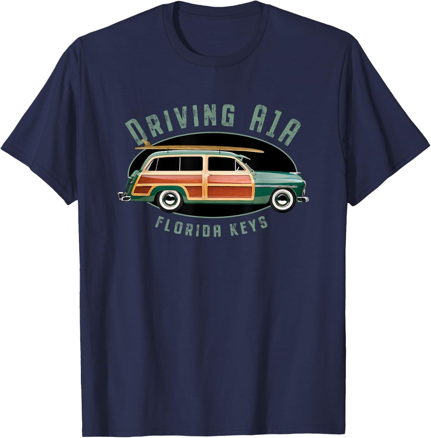 Driving A1A down the Florida Keys Vintage Surfing Design. T-Shirt - T-Shirt | Navy