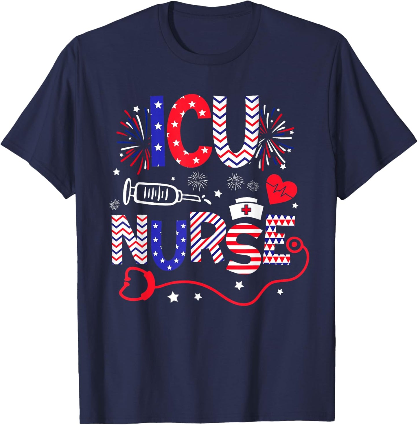 ICU Nurse 4th Of July Patriotic American Flag Stethoscope T-Shirt - T-Shirt | Navy