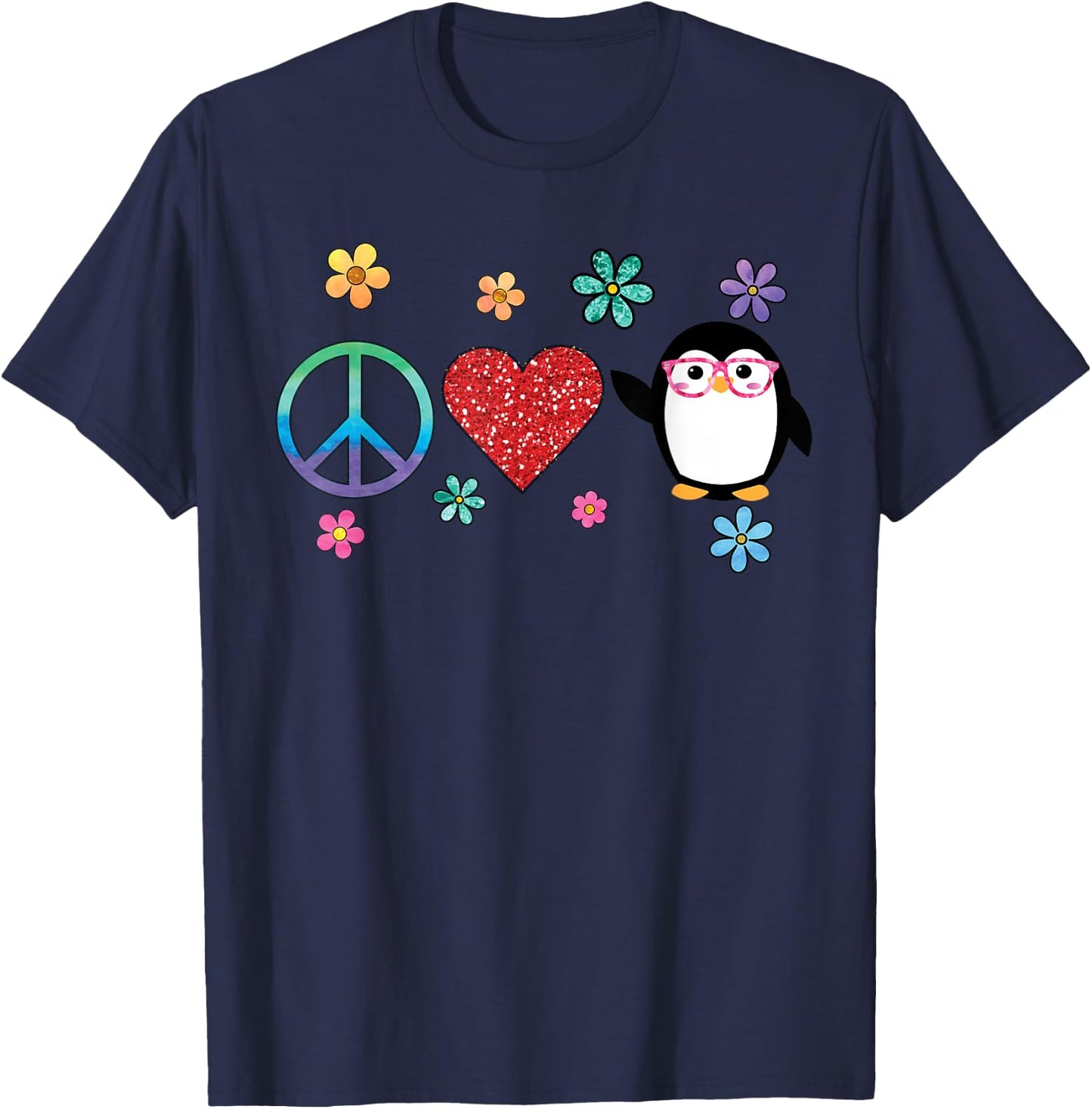 Penguin Peace Love Hippie Glasses Boho Bird Lovers T-Shirt - T-Shirt | Navy