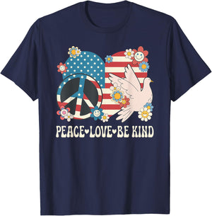 Peace Love Be Kind American Flag Patriotic Women Kindness T-Shirt - T-Shirt | Navy