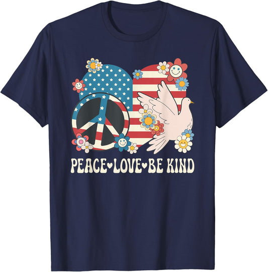 Peace Love Be Kind American Flag Patriotic Women Kindness T-Shirt - T-Shirt | Navy