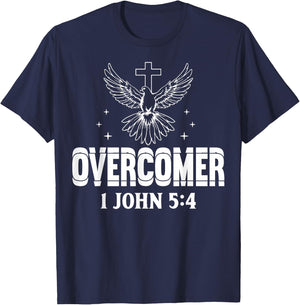 Overcomer 1 John 5:4 Dove and Cross Motivational Quote T-Shirt - T-Shirt | Navy