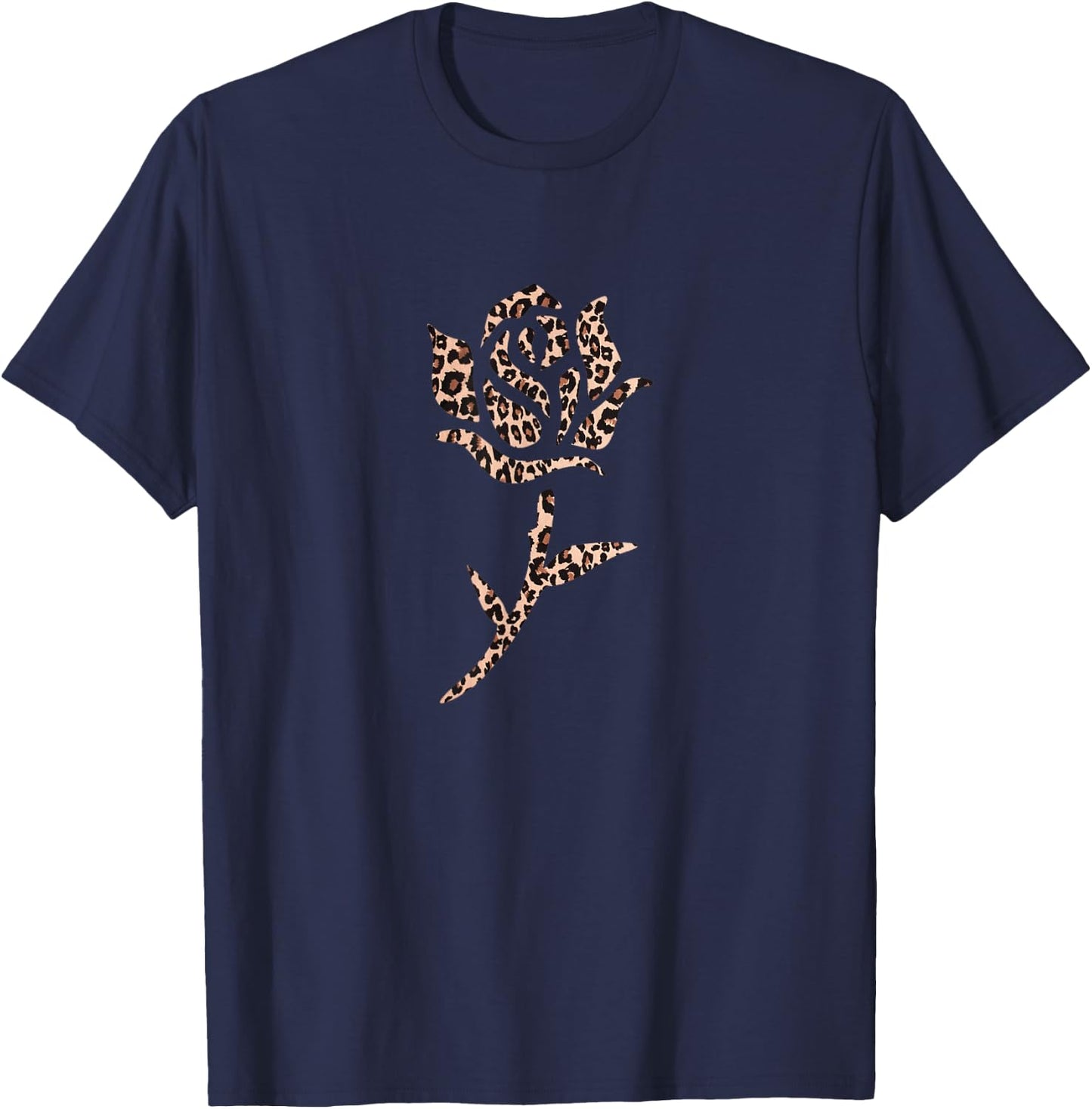 Animal Print Leopard Print Rose with Stem Design T-Shirt - T-Shirt | Navy