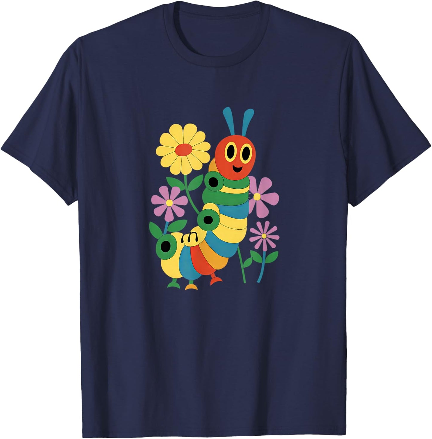 Caterpillar and Flowers Colourful Insect Design for Kids , black T-Shirt - T-Shirt | Navy