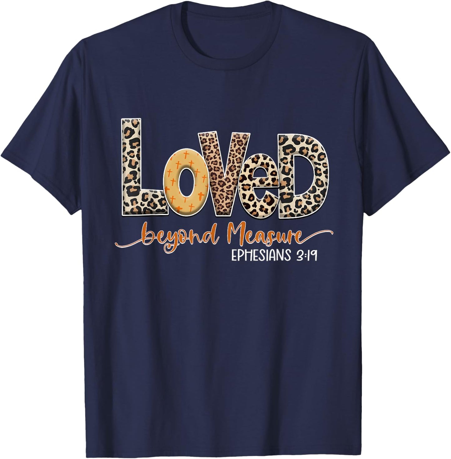 Love in Faith Beyond Measure Christian Women Leopard Cross T-Shirt - T-Shirt | Navy