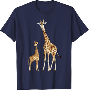 Mama & Baby Giraffe Wildlife T-Shirt - T-Shirt | Navy