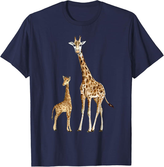Mama & Baby Giraffe Wildlife T-Shirt - T-Shirt | Navy