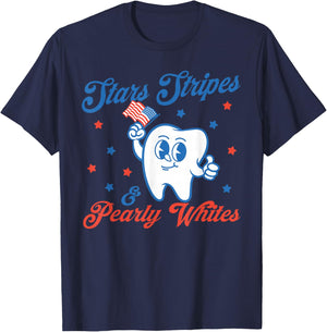 Stars, Stripes & Pearly Whites, 4th Of July Dentist Tooth T-Shirt - T-Shirt | Navy