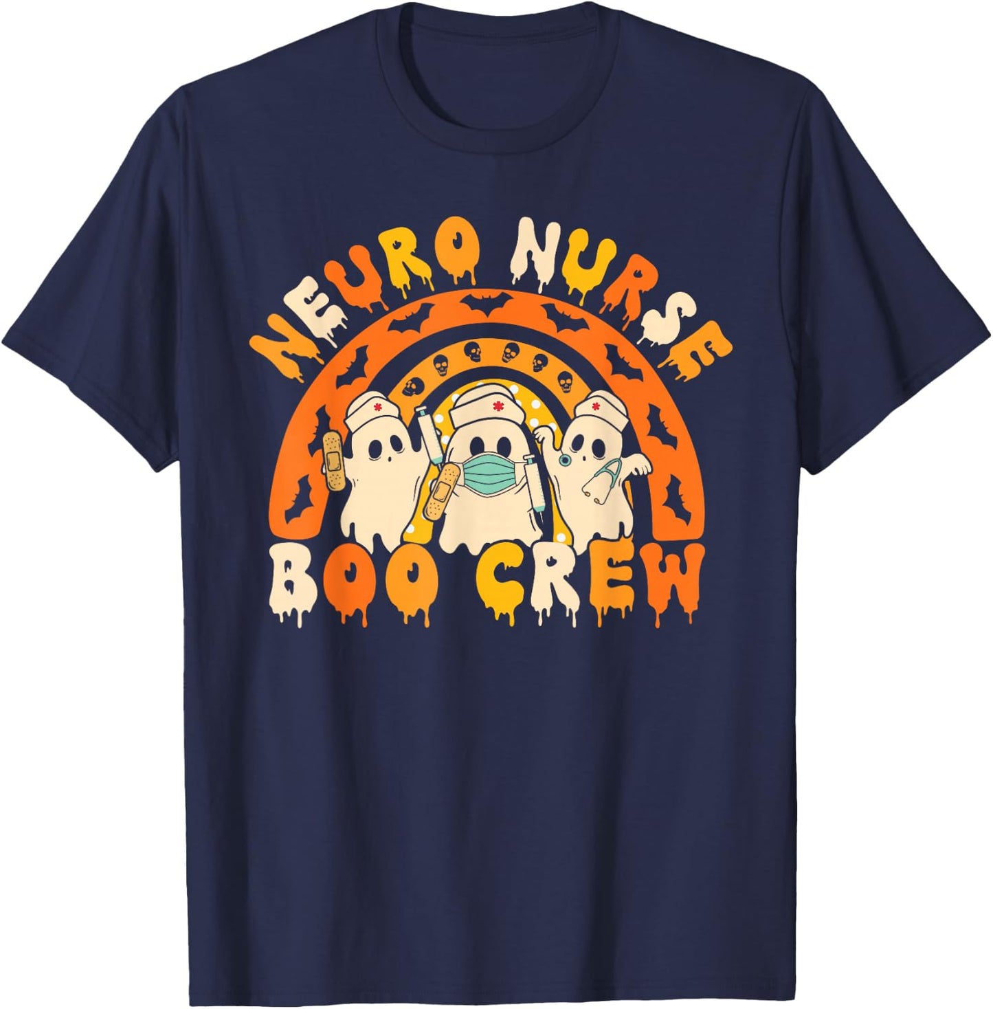 Neuro Nurse Boo Crew Retro Spooky Ghost Nursing Halloween T-Shirt - T-Shirt | Navy