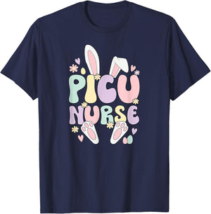 PICU Nurse Easter Bunny Pediatric ICU Nursing Easter Day T-Shirt - T-Shirt | Navy