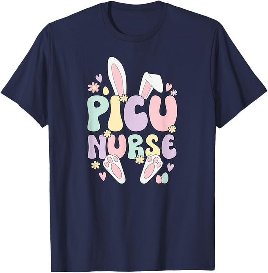 PICU Nurse Easter Bunny Pediatric ICU Nursing Easter Day T-Shirt - T-Shirt | Navy