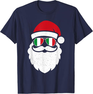 Funny Santa In Italy Flag Glasses Christmas Pajama Fun Xmas T-Shirt - T-Shirt | Navy