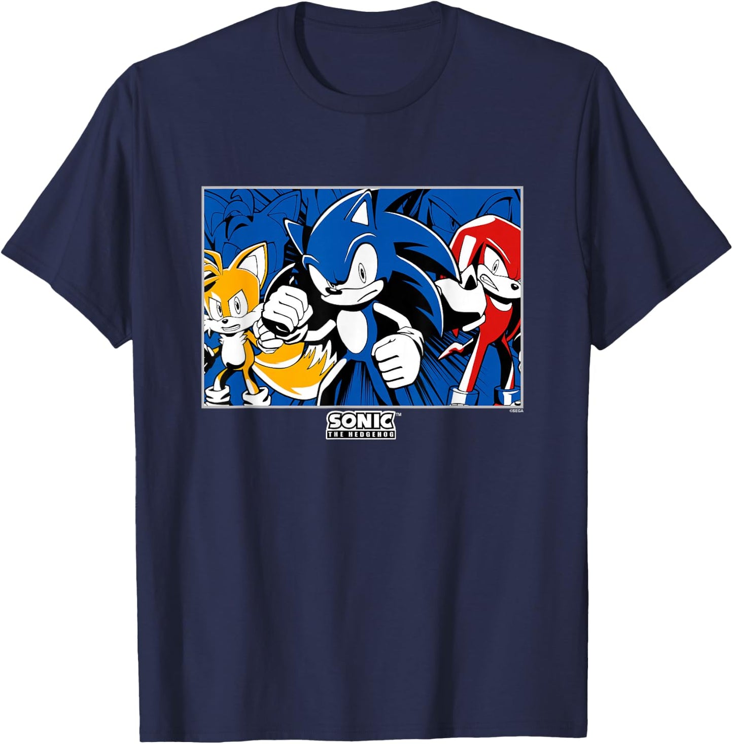 Sonic The Hedgehog Sonic Tails & Knuckles Epic Retro Panel T-Shirt - T-Shirt | Navy