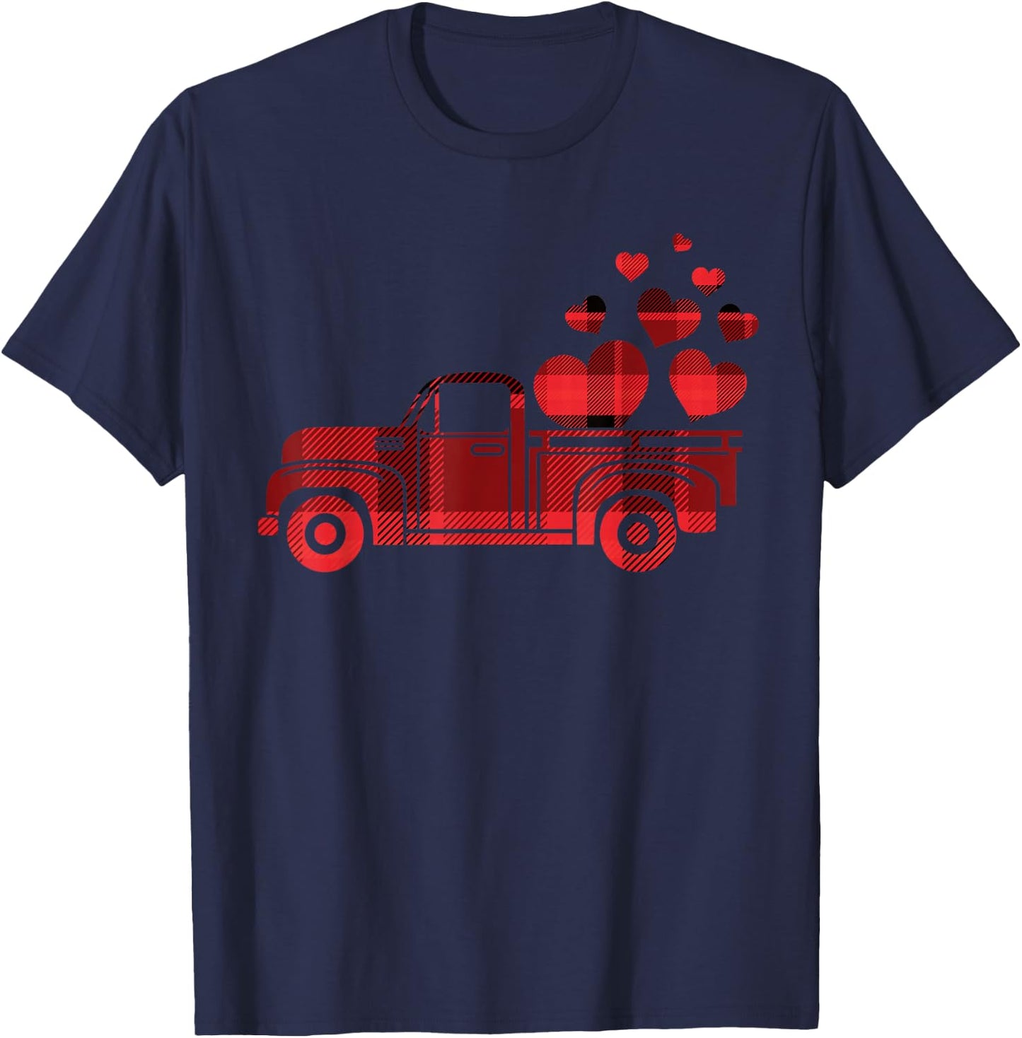 Valentines Plaid Pickup Truck Vintage Red Car Hearts T-Shirt - T-Shirt | Navy