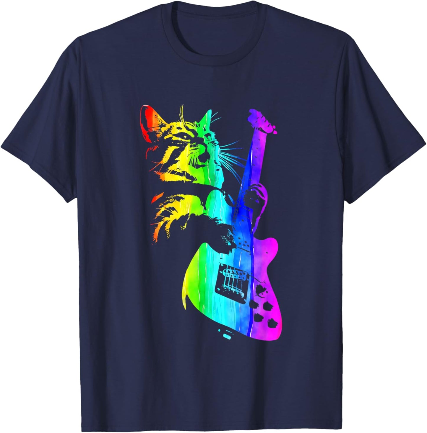 Funny HOUSE CAT Rainbow DJ Cat Kitty Rock Cat Playing Guitar T-Shirt - T-Shirt | Navy