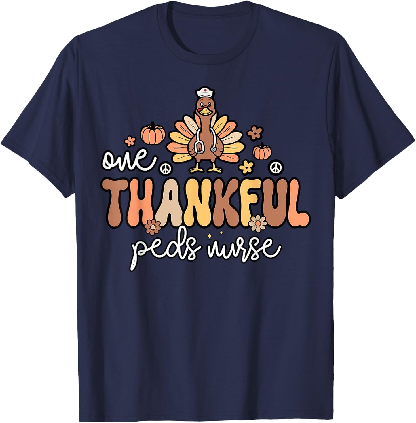 Thankful Peds Nurse Groovy Thanksgiving Turkey Pediatric T-Shirt - T-Shirt | Navy