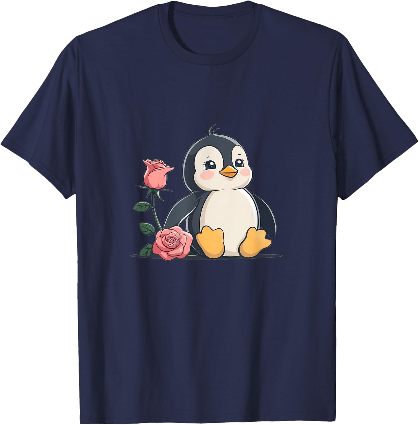 Cute Penguin with Rose Animal Illustration T-Shirt - T-Shirt | Navy