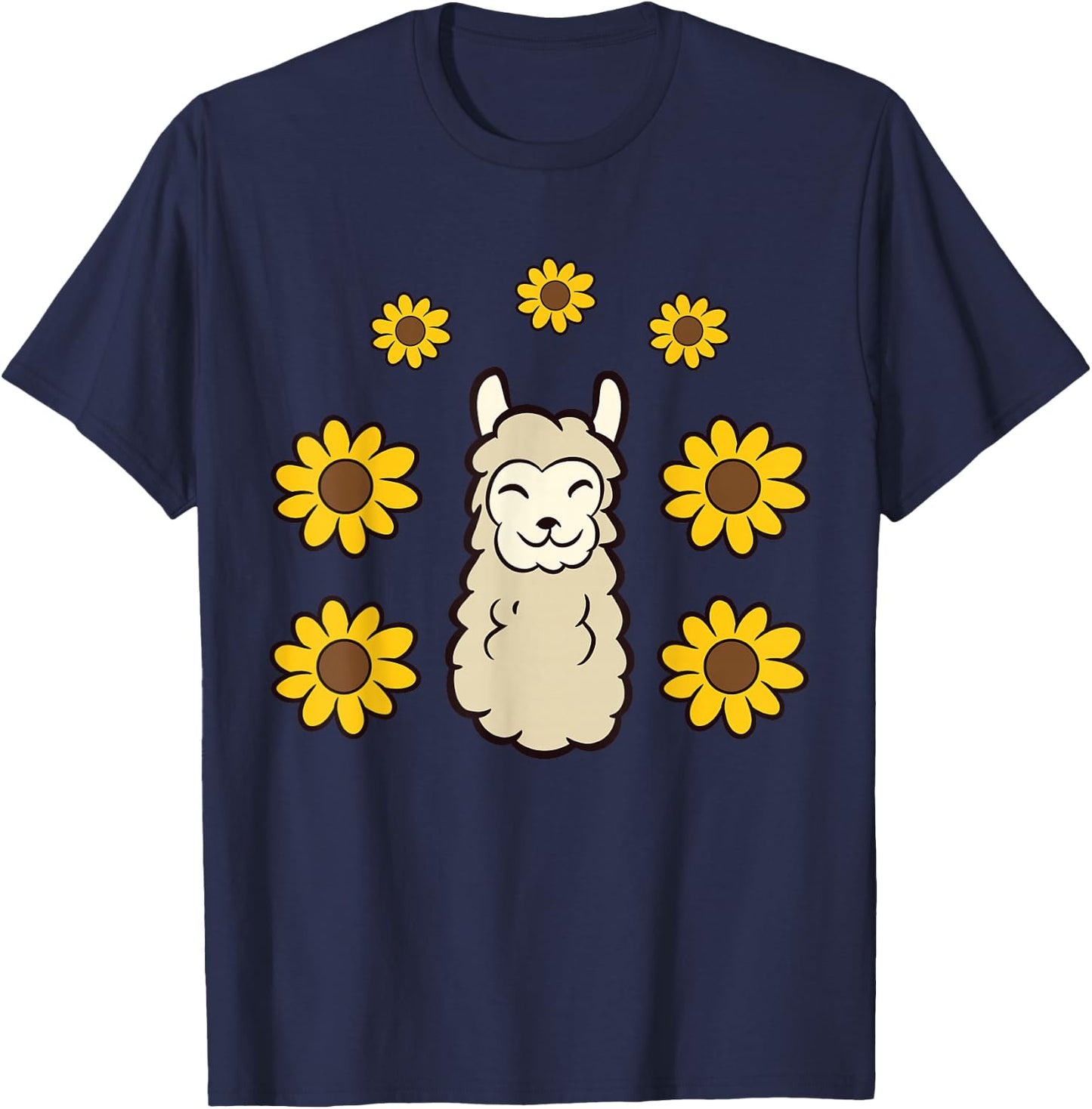Cute Llama Summer Sunflower Kawaii Llama T-Shirt - T-Shirt | Navy