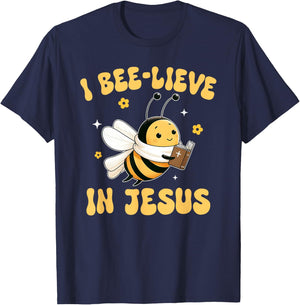 Gospel Kids Christian I Bee-lieve in Jesus Faith Cute Bee T-Shirt - T-Shirt | Navy