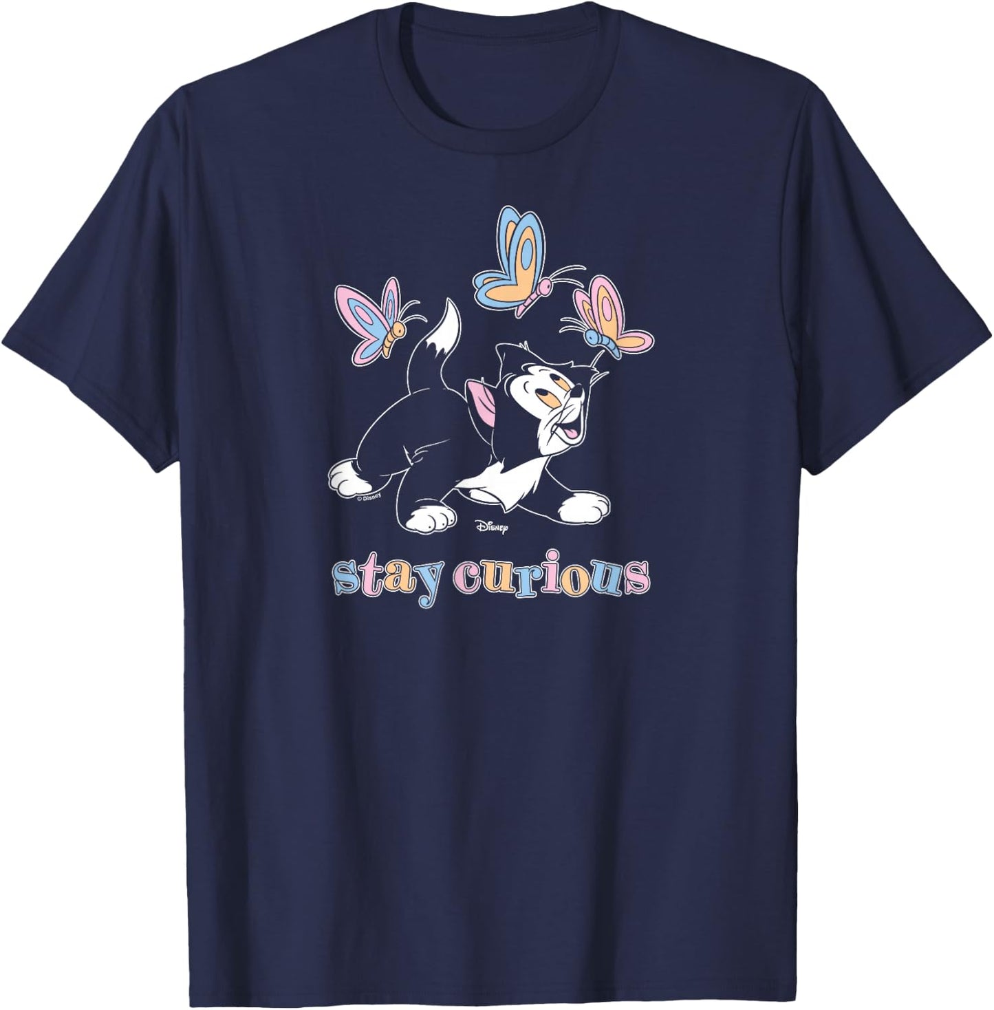 Figaro - Pinocchio Cat Stay Curious Butterflies T-Shirt - T-Shirt | Navy