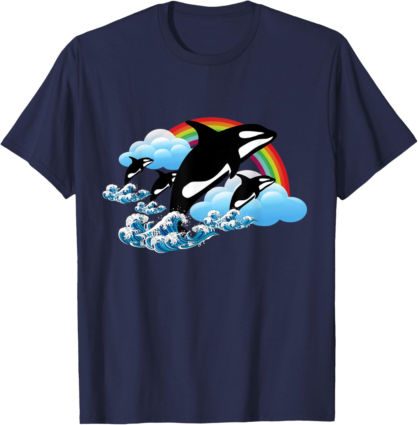 Killer Orca Whale Family Jumping Over Rainbow - Funny T-Shirt - T-Shirt | Navy