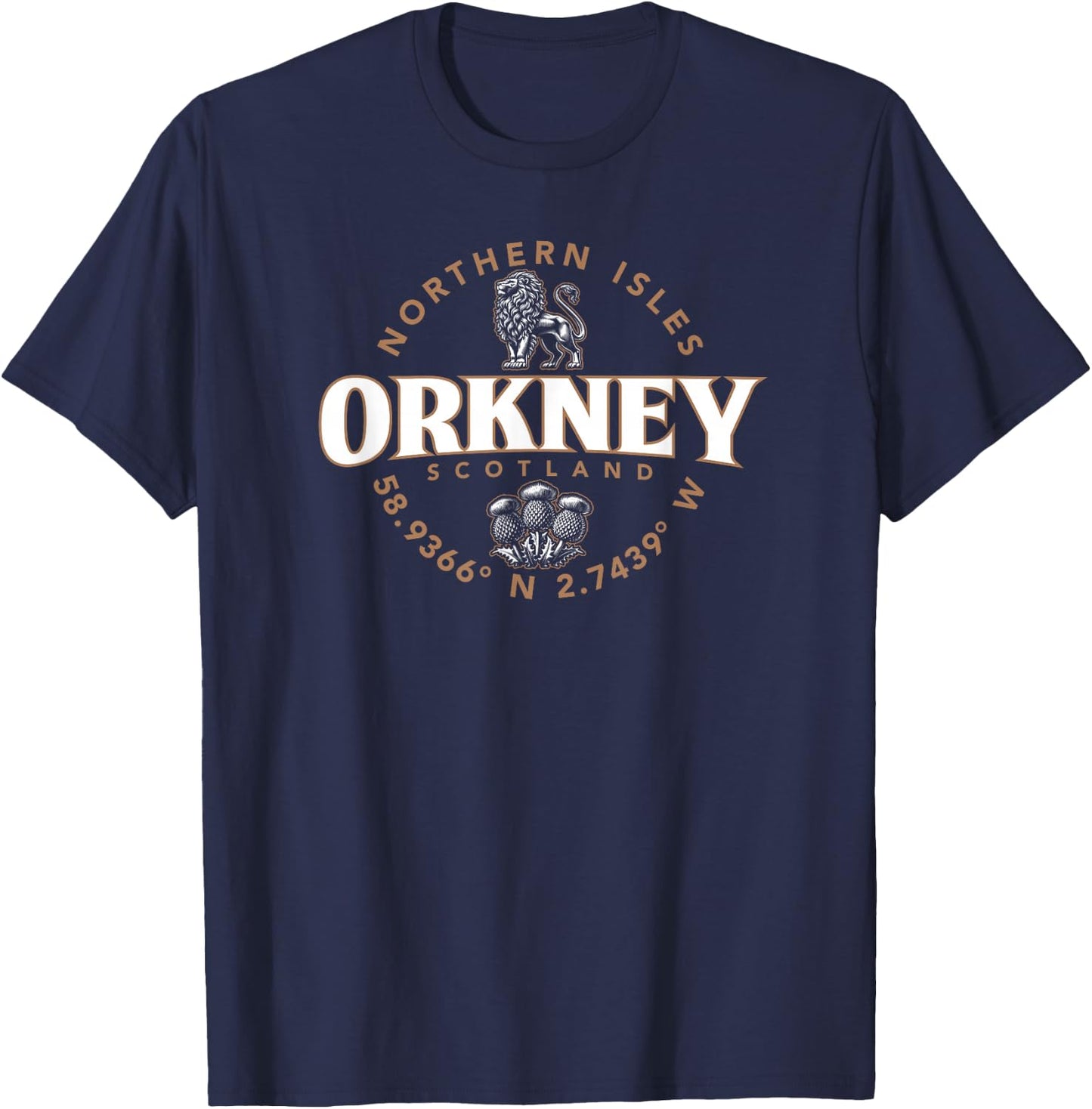 Orkney Scotland Northern Isles Coordinates Label 2C , Small, Black T-Shirt - T-Shirt | Navy